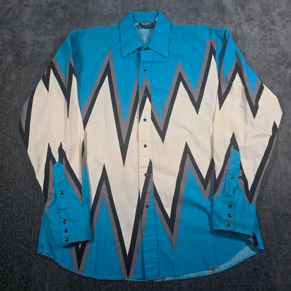 Vtg Made In USA Brooks & Dunn Panhandle Slim Western Shirt Teal Geometric Mens L